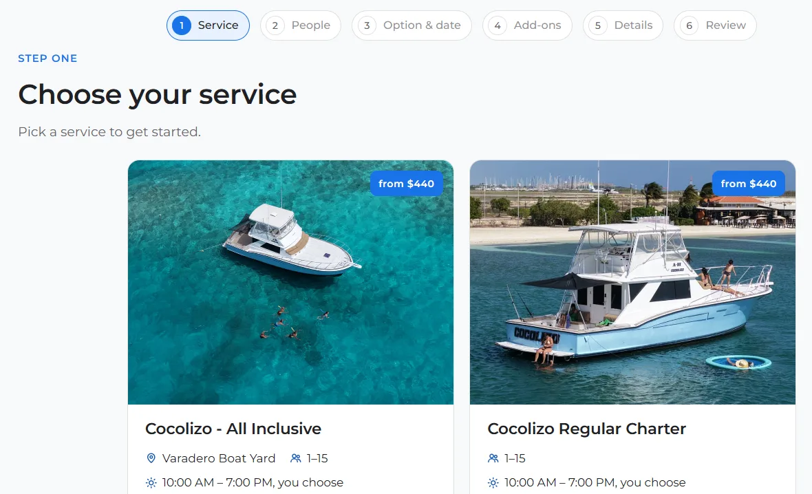 Cocolizo Charter's booking page on Book It, showing the step pills and two yacht charters from $440